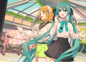 VOCALOID,初音ミク,鏡音リン,marashii,ixima,短发,highres,開いた口,金发,双马尾,少女,短裙