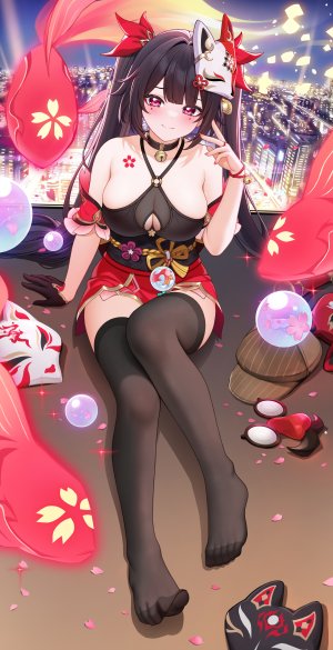 绿茶の袋子,崩坏：星穹铁道,花火,脸红,前发,黑丝,花瓣,坐姿,双马尾,露肩,cleavage