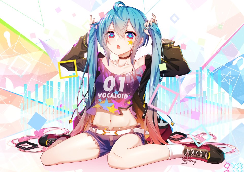 千夜QYS3 初音ミク VOCALOID 项圈 露脐 Tattoo 双马尾 Watermark