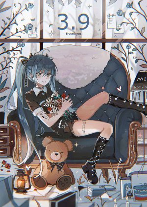 VOCALOID,初音ミク,lococo:p,长发,single,長身像,脸红,前发,笑顔,双马尾,青发,呆毛,reclining,少女