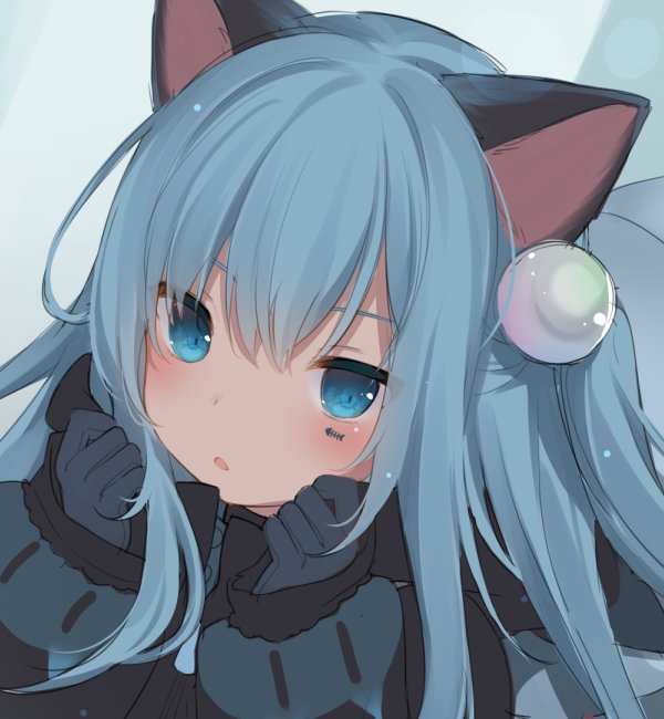 猫羽雫 原创 甘城なつき 兽耳 前发 碧眼 青发 脸红