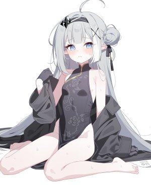 星塔旅人,deyui,呆毛,露肩,碧眼,脸红,breasts,汉服,连衣裙,手套,灰发,包子頭,发饰,长发,视线正对,尖耳,坐姿,single,白背景