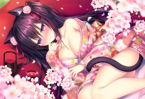 原创,兽耳,前发,露肩,脸红,胸部,猫耳,猫娘,猫尾,樱花,cleavage,发饰,ハナミ,和服,巨乳,长发,视线正对,横臥,紫色眼,紫发,笑顔,single