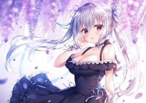 三つ葉ちょこ,原创,脸红,胸部,项圈,cleavage,连衣裙,长发,花瓣,红色眼,缎带,双马尾