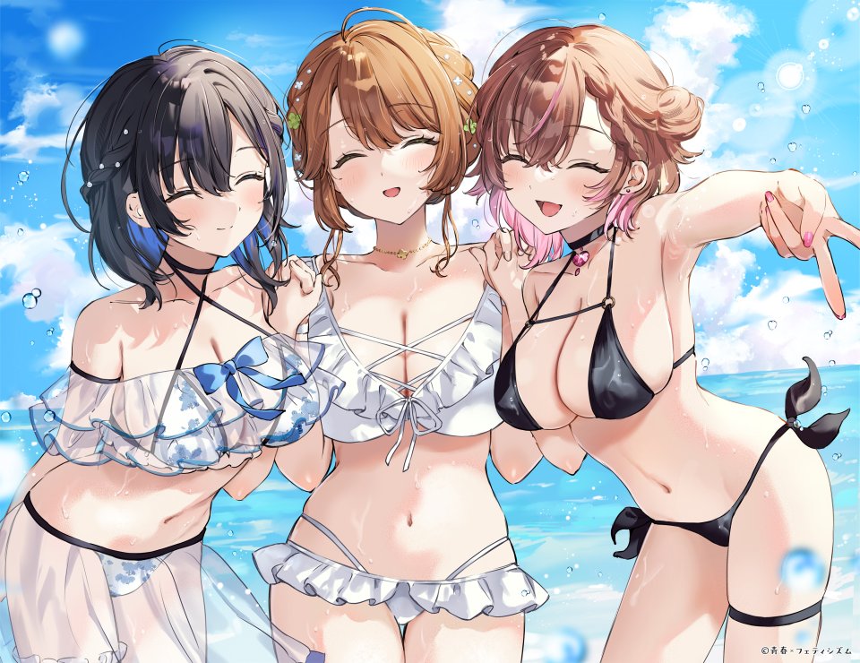 猫屋敷ぷしお 青春×恋物 原创 水着 黑发 脸红 三股辫 Breasts