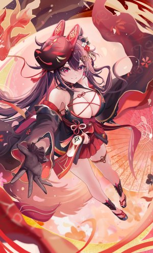 原创,半尺月白,黑发,breasts,cleavage,连衣裙,手套,发饰,holding,和服,长袖,视线正对,仮面,尖耳,笑顔,single,雨伞