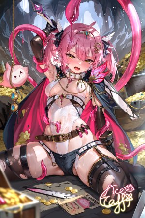 meion,永雏塔菲,独立虚拟YouTuber,黑丝,脸红,breasts,项圈,手套,holding,開口,粉发,缎带,坐姿,single,剑,丝袜,Vtuber,weapon