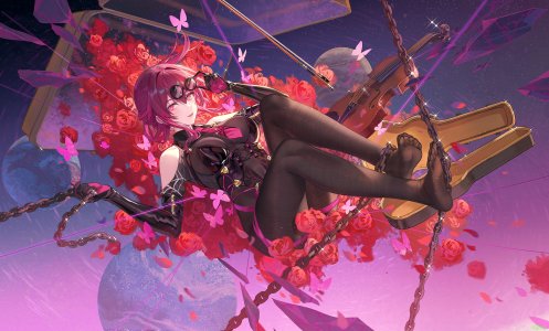 崩坏：星穹铁道,honkai,卡芙卡,ATDAN,single,长发,视线正对,前发,脸红,breasts,開口,笑顔,紫色眼,holding,紫发,全身,闪烁,少女,手套,花瓣,長手袋,蝴蝶,锁链,Bodysuit