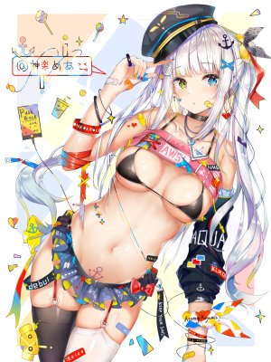 神楽めあ,kagura_mea_channel,创可贴,前发,水着,黑丝,碧眼,脸红,胸部,项圈,cleavage,cross,发饰,巨乳,长发,视线正对,迷你短裙,露脐,缎带,短裙,single,泳装,双马尾,超长发,Vtuber,白发,白丝,黄色眼