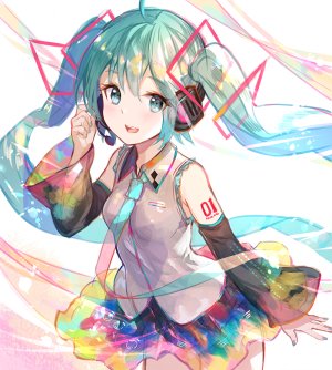 初音ミク,VOCALOID,藤ちょこ,露肩,カラフル,发饰,长发,视线正对,開いた口,レインボー,衬衫,短裙,笑顔,single,tattoo,双马尾,白背景