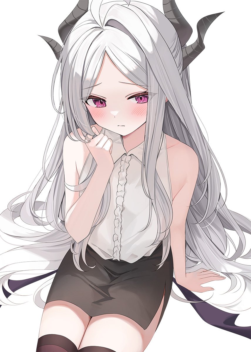 空崎ヒナ 蔚蓝档案 Yon 露肩 黑丝 脸红 恶魔娘 灰发