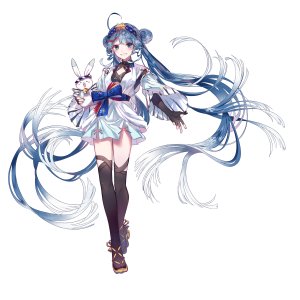 初音ミク,雪音,VOCALOID,akira,呆毛,动物,铃,黑丝,碧眼,青发,脸红,兔子,双团子头,全身,手套,holding,长发,開いた口,短裙,笑顔,双马尾,白背景