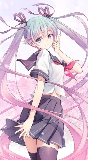 初音ミク,桜ミク,VOCALOID,松うに,黑丝,碧眼,青发,樱花,灰发,长发,视线正对,回头看,迷你短裙,花瓣,粉发,褶皱裙,缎带,学校制服,衬衫,短裙,天空,笑顔,single,丝袜,双马尾,超长发