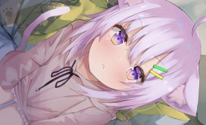 ゆーりか,猫又おかゆ,Hololive,兽耳,脸红,猫娘,连帽衫,紫色眼,紫发,短发,aliasing,close