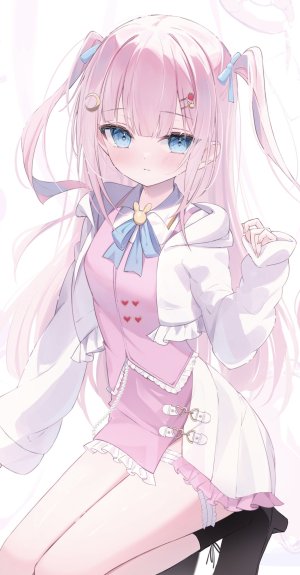 原创,okomeillust,碧眼,开衫,连衣裙,全身,发饰,长发,长袖,视线正对,迷你短裙,粉发,缎带,衬衫,坐姿,短裙,single,超长发