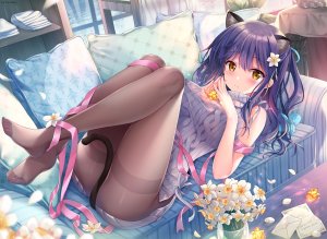 原创,七海優乃,Sousouman,长发,single,脸红,视线正对,胸部,前发,黄色眼,紫发,兽耳,横臥,全身