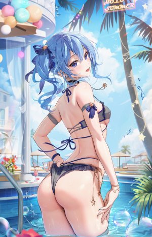 ほうき星,Hololive,星街すいせい,水着,项圈,马尾辫,泳装,结发,碧眼,青发,长发,Vtuber,single