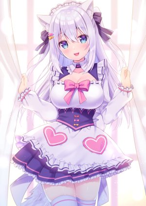 Vtuber,noripro,白雪みしろ,住咲ゆづな,长发,single,長身像,视线正对,前发,開いた口,胸部,碧眼,巨乳,holding,兽耳,cleavage,银发