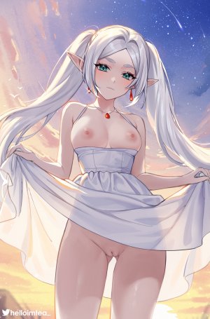 葬送的芙莉莲,芙莉莲,helloimtea,single,长发,長身像,视线正对,双马尾,cleavage,银发,天空,nipples,猫咪,尖耳,闪烁,erect_nipples,uncensored,精灵,少女,连衣裙