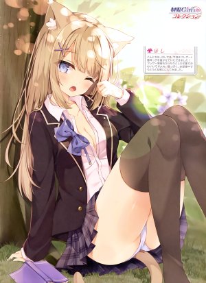 原创,otona_no_moeoh,hoshi,兽耳,前发,碧眼,直刘海,脸红,胸部,茶发,猫耳,猫娘,猫尾,cleavage,发饰,leaf,长发,长袖,视线正对,迷你短裙,No-Bra,闭只眼,開いた口,胖次,学校制服,坐姿,短裙,貧乳,single,黑丝,下