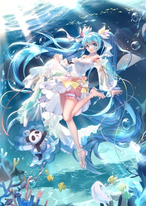 初音ミク,VOCALOID,Bison仓鼠,裸足,碧眼,青发,胸部,泡泡,コーラル,连衣裙,全身,发饰,长发,视线正对,開いた口,熊猫,笑顔,双马尾,超长发