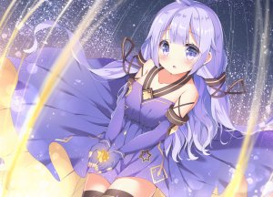 ユニコン,星尘,碧蓝航线,皐月ゆきみ,呆毛,前发,露肩,脸红,Cosplay,连衣裙,手套,长发,长袖,紫色眼,紫发,缎带,single,黑丝,Unicorn,VOCALOID