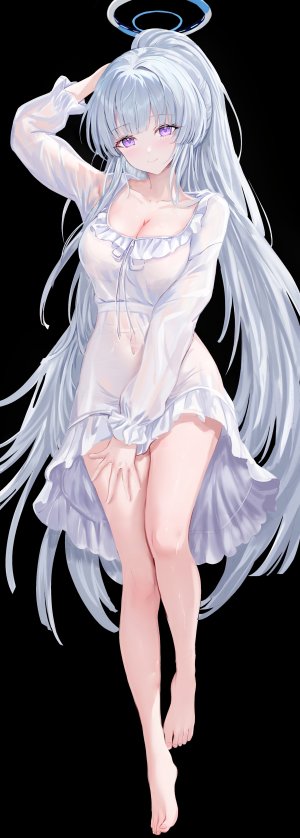 生塩ノア,蔚蓝档案,age_fx,脸红,breasts,cleavage,连衣裙,全身,灰发,光晕,长发,长袖,视线正对,睡衣,马尾辫,紫色眼,single,超长发