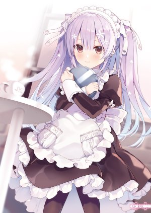 原创,围裙,前发,脸红,棕色眼,连衣裙,发饰,holding,长发,长袖,视线正对,女仆,黑丝,紫发,single