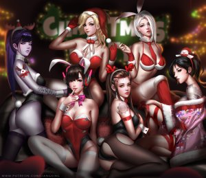 D.VA,Mercy,Widowmaker,守望先锋,梁星,兽耳,前发,露肩,水着,黑发,黑丝,金发,碧眼,胸部,棕色眼,茶发,兔耳,圣诞节,cleavage,手套,发饰,和服,巨乳,长发,视线正对,回头看,马尾辫,紫色眼,紫发,红色眼,缎带,短