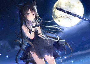 原创,しらたま,兽耳,前发,黑发,脸红,猫耳,猫娘,猫尾,连衣裙,手套,长发,视线正对,天空,single