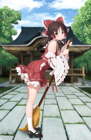 東方Project,博麗霊夢,前發,露肩,發飾,長袖,襯衫,短裙,白絲,臉紅,breasts,棕色眼,茶發,holding,視線正對,神龛,天空,single