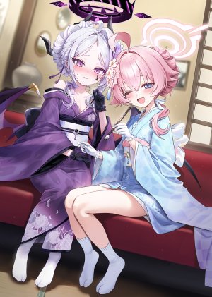 空崎ヒナ,小鸟游星野,蔚蓝档案,freng,碧眼,脸红,breasts,恶魔娘,手套,灰发,包子頭,发饰,光晕,horns,和服,长发,オビ,挤眼,開口,粉发,紫色眼,坐姿,翅膀