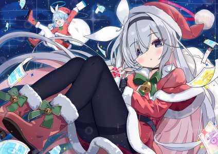 蔚蓝档案,阿洛娜,普拉娜,Masushi_Masashi,长发,视线正对,前发,脸红,短发,開口,粉发,青发,银发,圣诞节,少女,裤袜,项圈,光晕,铃