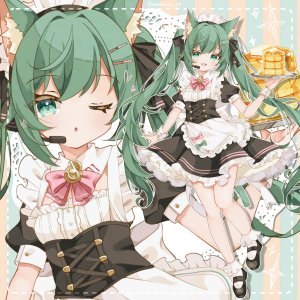 初音ミク,VOCALOID,saekiyasabou,兽耳,breasts,猫耳,猫娘,猫尾,连衣裙,全身,绿色眼,绿发,holding,长发,女仆,挤眼,開口,笑顔,single,双马尾,超长发