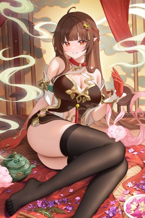 绿茶の袋子,崩坏：星穹铁道,霊砂,脸红,前发,露肩,黑丝,breasts,cleavage