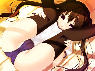 瑠奈璃亜,八丈椿,mecha_con!,游戏CG,黑发,脸红,cameltoe,长发,横臥,胖次,露出,紫色眼,single,丝袜,双马尾,下着