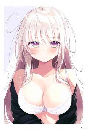 望月美月,SachiiroHanamizuki,ささはら若葉,呆毛,露肩,脸红,bra,胸部,cleavage,巨乳,长发,视线正对,紫色眼,银发,single,下着