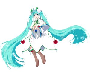 初音ミク,雪ミク,VOCALOID,mizuamemochimochi,呆毛,樱桃,全身,发饰,holding,长发,開いた口,短裙,笑顔,single,双马尾,白背景,雪ミク2015