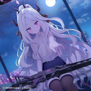 空崎ヒナ,蔚蓝档案,rangu,呆毛,黑丝,脸红,breasts,恶魔娘,光晕,horns,长发,视线正对,紫色眼,坐姿,短裙,天空,single,丝袜,超长发,weapon,白发