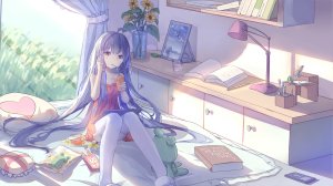 VOCALOID,星尘,鈅鈅,长发,single,视线正对,highres,前发,坐姿,黄色眼,紫发,holding,呆毛,少女,黑丝