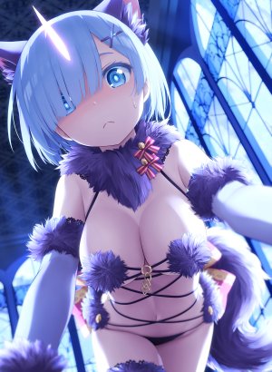 Fate系列,Fate/GrandOrder,从零开始的异世界生活,蕾姆,マシュ・キリエライト,dangerous_beast,haribote,single,長身像,脸红,视线正对,短发,前发,胸部,碧眼,露肩,巨乳,青发