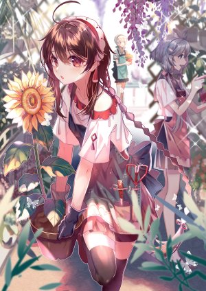 洛天依,乐正绫,yanhe,VOCALOID,呆毛,围裙,前发,黑丝,茶发,手套,绿色眼,holding,长发,迷你短裙,開いた口,马尾辫,红色眼,缎带,衬衫,银发,短裙,闪亮,絶対領域