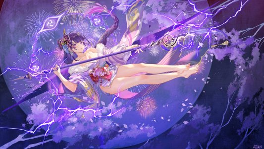 原神,雷電将軍,ATDAN,single,视线正对,前发,highres,breasts,紫色眼,holding,露肩,cleavage,紫发,全身,直刘海,超长发,传统服装,和服,少女,发饰,weapon,花瓣,オビ