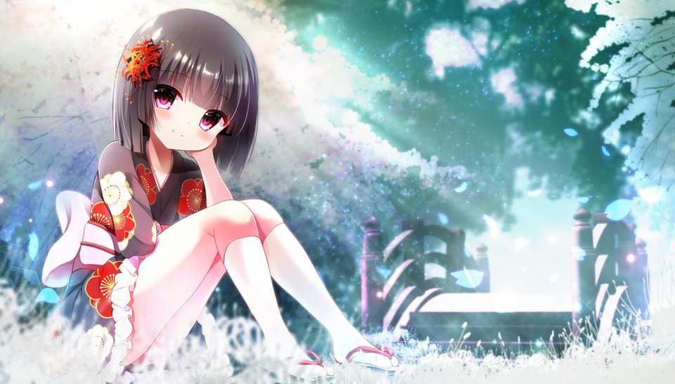 原创 Kotoriifu 黑发 发饰 和服 Kneehighs オビ 短发