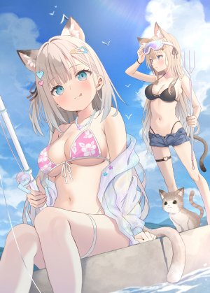 akino_ell,原创,动物,兽耳,露肩,水着,碧眼,breasts,茶发,猫,猫耳,猫娘,猫尾,cleavage,发饰,holding,长发,露脐,缎带,坐姿,天空,笑顔,泳装,超长发,weapon