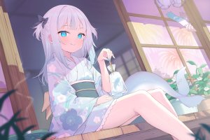 がうる・ぐら,Hololive,hololive_english,takumi11,碧眼,holding,和服,视线正对,オビ,笑顔,single,Vtuber,浴衣