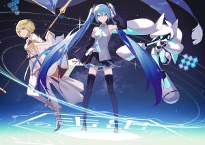 初音ミク,圣女贞德,voidoll,VOCALOID,前发,金发,碧眼,青发,衬衫,全身,发饰,holding,kieed,长发,长袖,视线正对,迷你短裙,短发,短裙,黑丝,双马尾,白丝,絶対領域