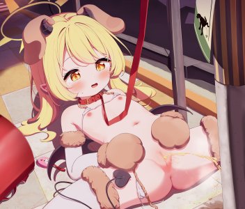 setmen,蔚蓝档案,丹花伊吹,萝莉,贫乳,发饰,犬耳,张腿,脸红,长发