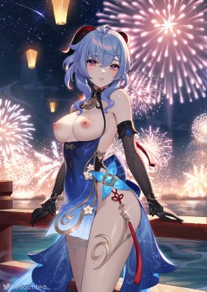 原神,甘雨,ganyu,helloimtea,single,長身像,视线正对,前发,breasts,短发,紫色眼,青发,nipples,呆毛,No-Bra,闪烁,erect_nipples,nopan,少女,连衣裙,手套