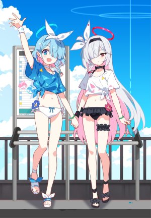 阿洛娜,普拉娜,蔚蓝档案,ideolo,碧眼,青发,breasts,光晕,长发,红色眼,缎带,天空,泳装,白发